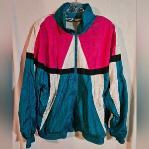 Vintage Longstreet Missy Colorblock Full Zip Windbreaker Teal/Pink/White Medium